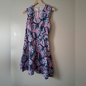 Draper James Pink Floral Fit-and-Flare Dress with Navy and White Print